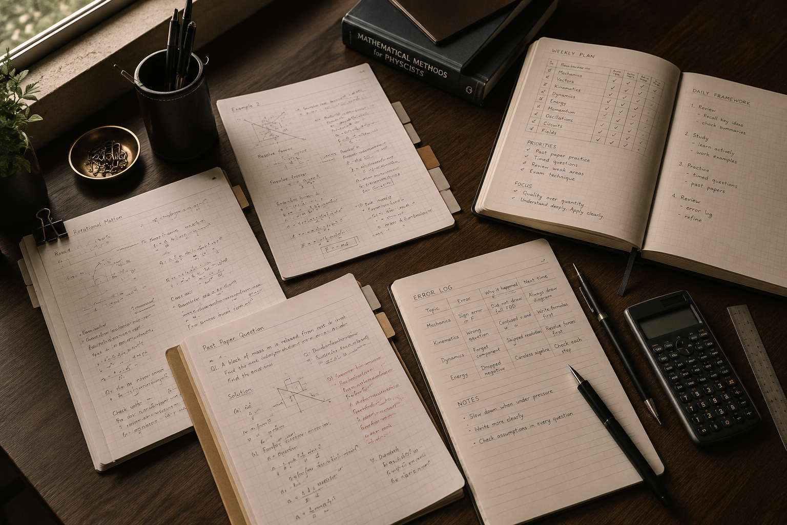Notes and written work laid out in an organised study environment