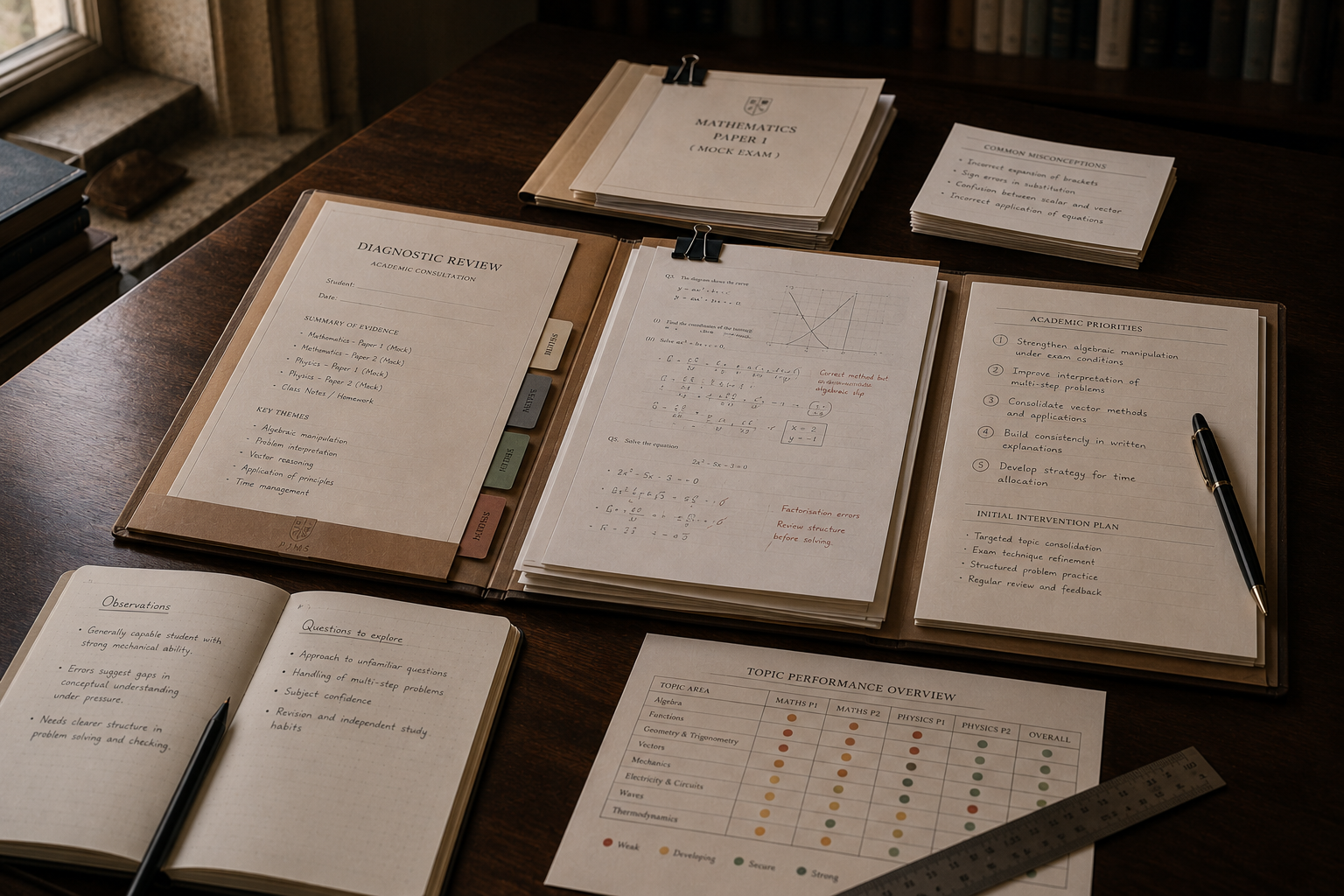 Notes and written work laid out in an organised study environment